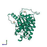 Monomeric assembly 2 of PDB entry 4kba coloured by chemically distinct molecules, side view.