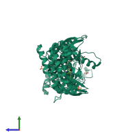 Homo dimeric assembly 5 of PDB entry 4kba coloured by chemically distinct molecules, side view.