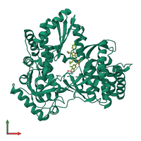 Monomeric assembly 1 of PDB entry 4kbi coloured by chemically distinct molecules, front view.