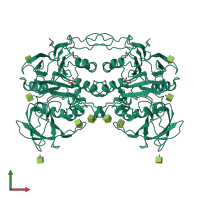 Homo dimeric assembly 1 of PDB entry 4kbp coloured by chemically distinct molecules, front view.