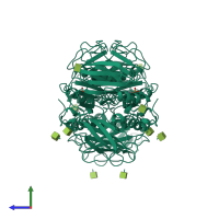 Homo dimeric assembly 2 of PDB entry 4kbp coloured by chemically distinct molecules, side view.