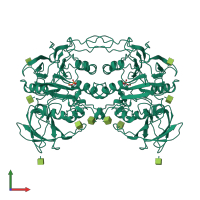Homo dimeric assembly 3 of PDB entry 4kbp coloured by chemically distinct molecules, front view.