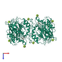 Homo dimeric assembly 3 of PDB entry 4kbp coloured by chemically distinct molecules, top view.