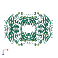Homo tetrameric assembly 4 of PDB entry 4kbp coloured by chemically distinct molecules, top view.