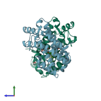 PDB entry 4kbs coloured by chain, side view.