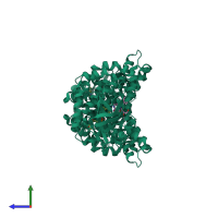 Homo dimeric assembly 3 of PDB entry 4kcf coloured by chemically distinct molecules, side view.
