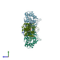 PDB entry 4ke8 coloured by chain, side view.