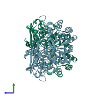 PDB entry 4kem coloured by chain, side view.