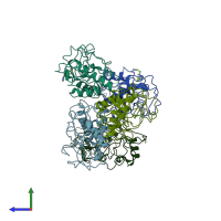 PDB entry 4klb coloured by chain, side view.