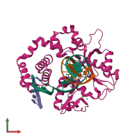 Hetero tetrameric assembly 1 of PDB entry 4kld coloured by chemically distinct molecules, front view.