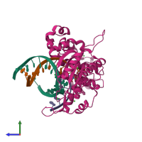 Hetero tetrameric assembly 1 of PDB entry 4kld coloured by chemically distinct molecules, side view.