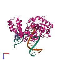 Hetero tetrameric assembly 1 of PDB entry 4kld coloured by chemically distinct molecules, top view.