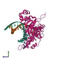 PDB entry 4klj coloured by chain, side view.