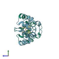 PDB entry 4kmp coloured by chain, side view.