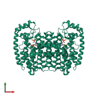 Homo dimeric assembly 1 of PDB entry 4kpd coloured by chemically distinct molecules, front view.