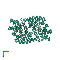 Homo dimeric assembly 1 of PDB entry 4kpd coloured by chemically distinct molecules, top view.