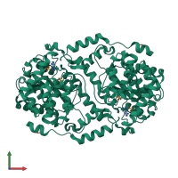 Homo dimeric assembly 1 of PDB entry 4kqf coloured by chemically distinct molecules, front view.