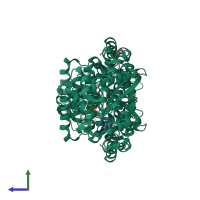 Homo dimeric assembly 1 of PDB entry 4kqf coloured by chemically distinct molecules, side view.