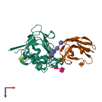 Hetero dimeric assembly 2 of PDB entry 4krm coloured by chemically distinct molecules, top view.