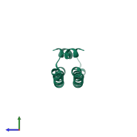 Homo dimeric assembly 5 of PDB entry 4l0n coloured by chemically distinct molecules, side view.