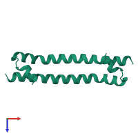 Homo dimeric assembly 5 of PDB entry 4l0n coloured by chemically distinct molecules, top view.