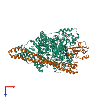 Hetero dimeric assembly 1 of PDB entry 4l2y coloured by chemically distinct molecules, top view.