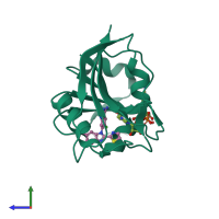 PDB entry 4lag coloured by chain, side view.