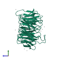 Monomeric assembly 1 of PDB entry 4lg9 coloured by chemically distinct molecules, side view.