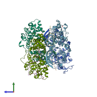 PDB entry 4lop coloured by chain, side view.