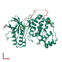 Hetero dimeric assembly 2 of PDB entry 4loq coloured by chemically distinct molecules, front view.