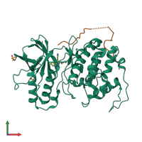 Hetero dimeric assembly 3 of PDB entry 4loq coloured by chemically distinct molecules, front view.