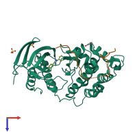 Hetero dimeric assembly 3 of PDB entry 4loq coloured by chemically distinct molecules, top view.