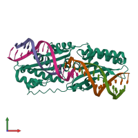 Hetero pentameric assembly 1 of PDB entry 4lox coloured by chemically distinct molecules, front view.