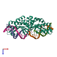 Hetero pentameric assembly 1 of PDB entry 4lox coloured by chemically distinct molecules, top view.