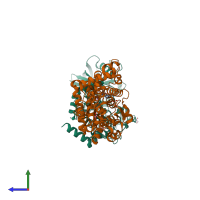 Hetero dimeric assembly 1 of PDB entry 4lv8 coloured by chemically distinct molecules, side view.