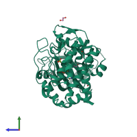 Monomeric assembly 2 of PDB entry 4lv8 coloured by chemically distinct molecules, side view.