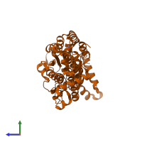 Monomeric assembly 3 of PDB entry 4lv8 coloured by chemically distinct molecules, side view.