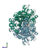 PDB entry 4lvd coloured by chain, side view.