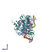 PDB entry 4lvm coloured by chain, side view.