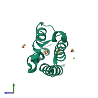 Monomeric assembly 1 of PDB entry 4lz2 coloured by chemically distinct molecules, side view.