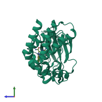 Monomeric assembly 1 of PDB entry 4m12 coloured by chemically distinct molecules, side view.