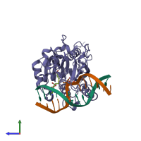 PDB entry 4mht coloured by chain, side view.