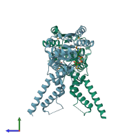 PDB entry 4mix coloured by chain, side view.