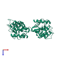 Homo dimeric assembly 1 of PDB entry 4mj7 coloured by chemically distinct molecules, top view.