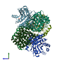 PDB entry 4mm1 coloured by chain, side view.