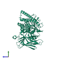 PDB entry 4moa coloured by chain, side view.