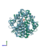 PDB entry 4mpf coloured by chain, side view.