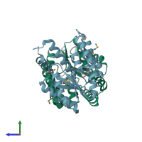 PDB entry 4mqb coloured by chain, side view.