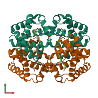 Hetero tetrameric assembly 1 of PDB entry 4mqc coloured by chemically distinct molecules, front view.