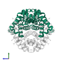 Hemoglobin subunit alpha in PDB entry 4mqc, assembly 1, side view.